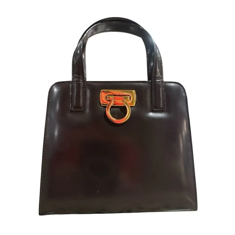 Salvatore Ferragamo Brown Patent Leather Gancini Top Handle Mini 2way Vara Bag